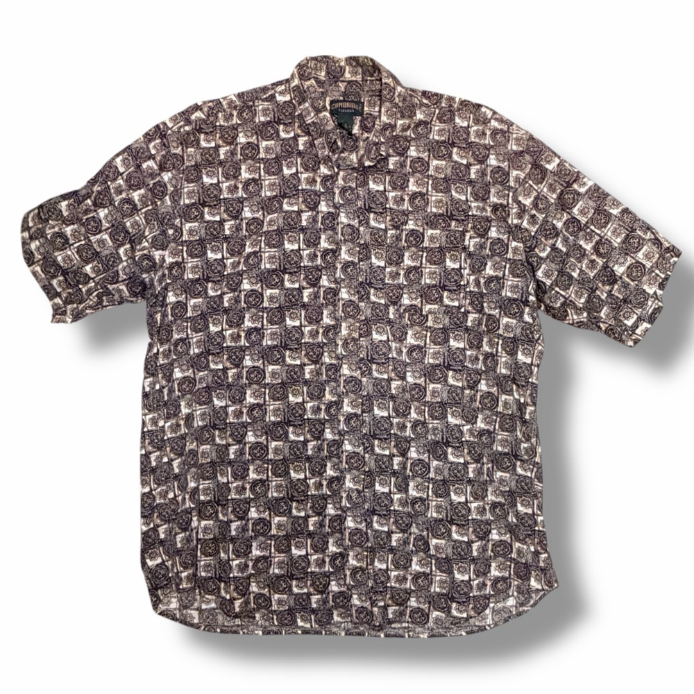 Cambridge Classics Men’s Button-Up Shirt XL Tall Brown Geometric 100% Cotton